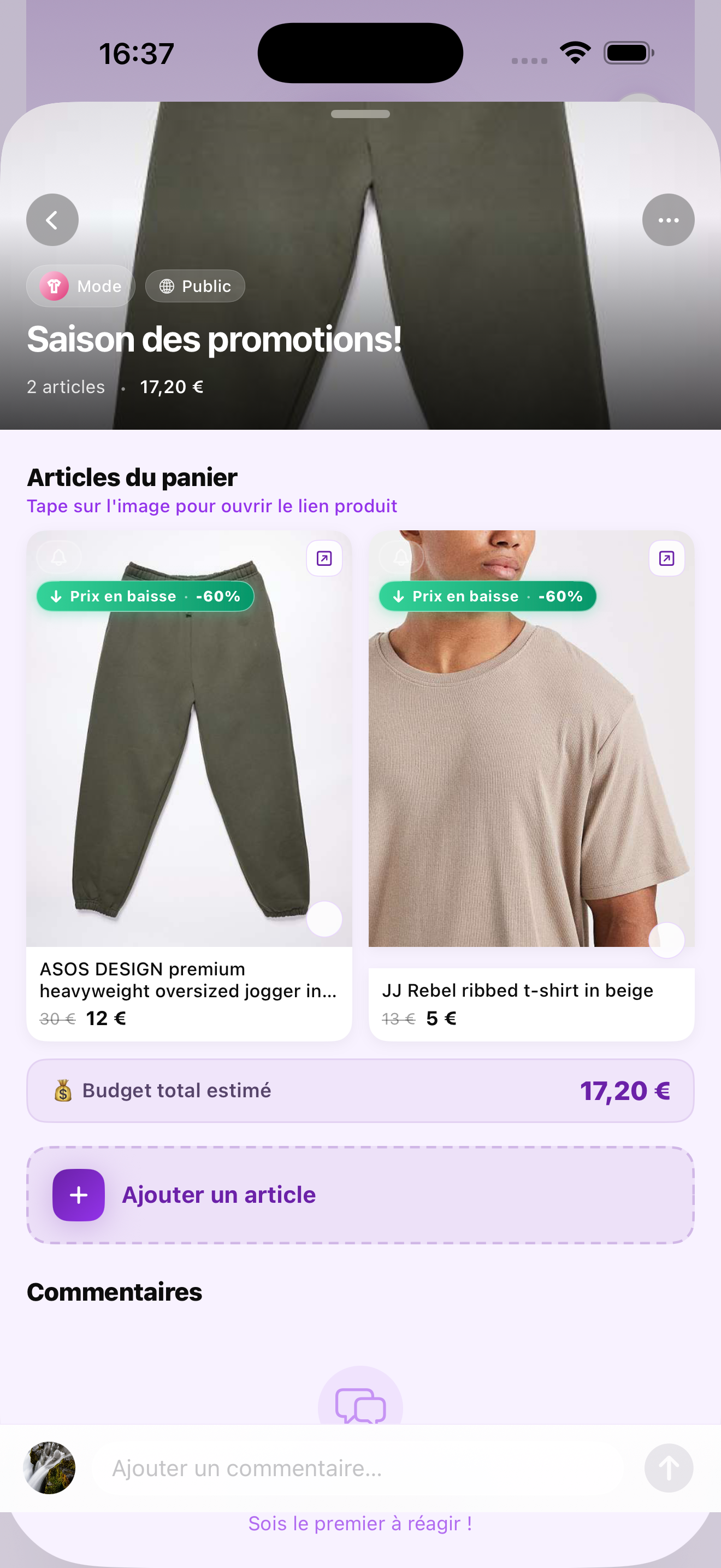 Vue d'un panier public sur MonPanier, six produits déco affichés, compteurs likes et commentaires visibles.