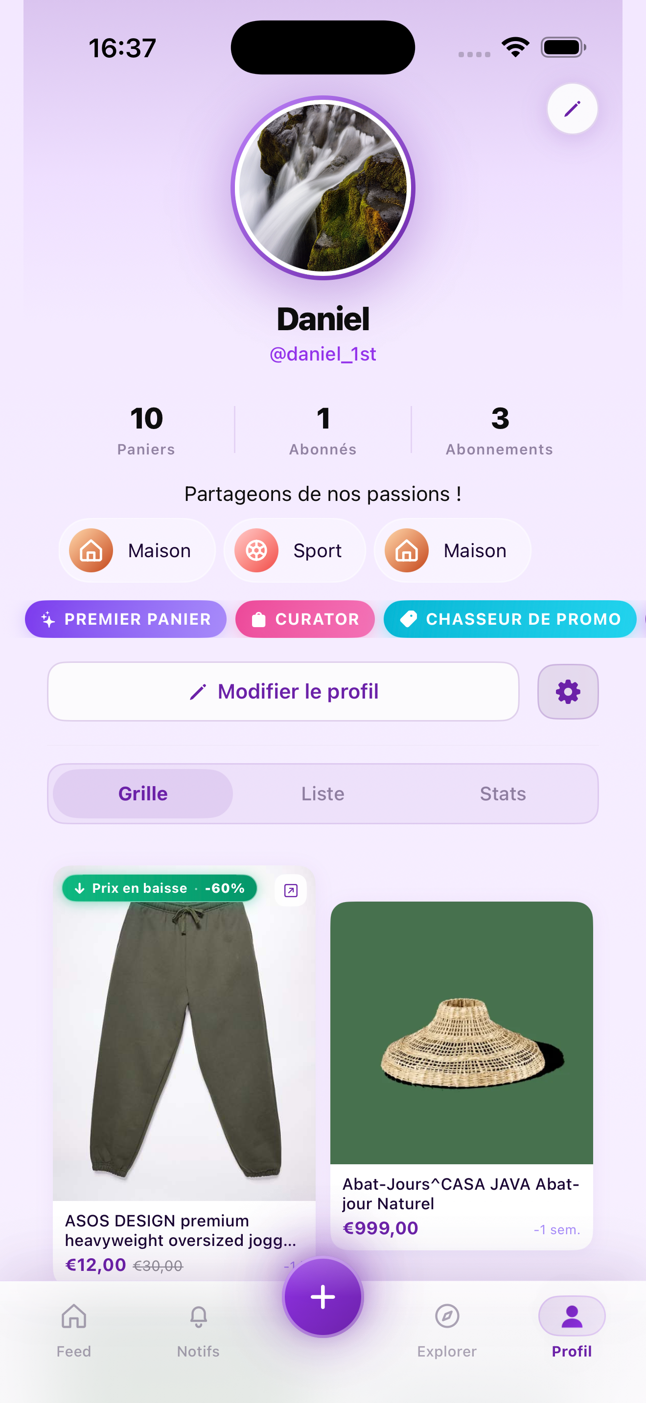 Profil MonPanier d'une utilisatrice, paniers publics en grille, followers et followings affichés.